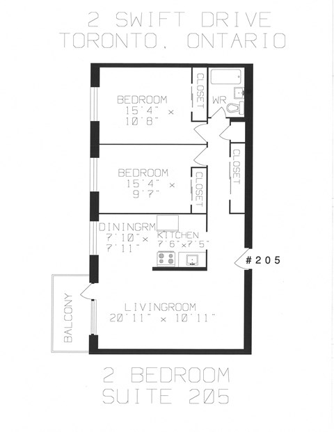 Floor plan for 2 beds, 1 bath, 863 sqft